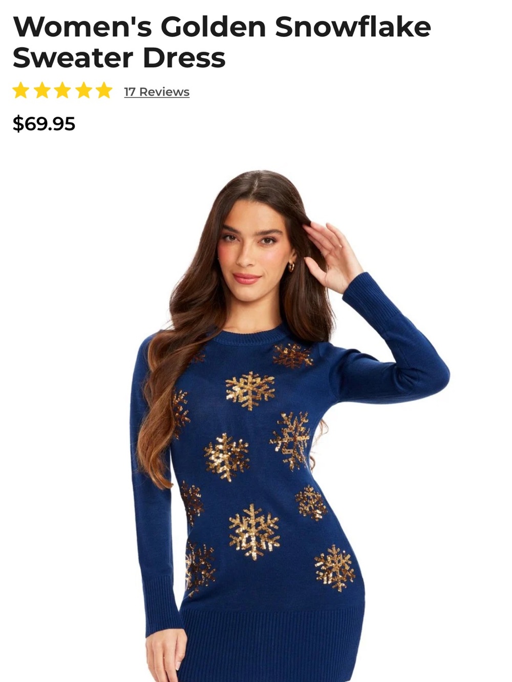 Tipsy Elves Navy Sweater Dress with Gold Sequin Snowflakes